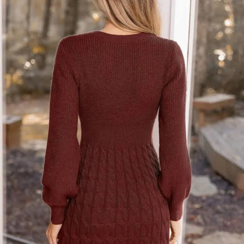Cupshe Maroon Ribbed Knit Mini Dress with Long Balloon Sleeves - Picture 2 of 5